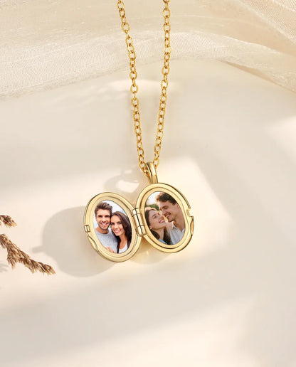 Personalized moon and star oval photo locket necklace holding two pictures, gold