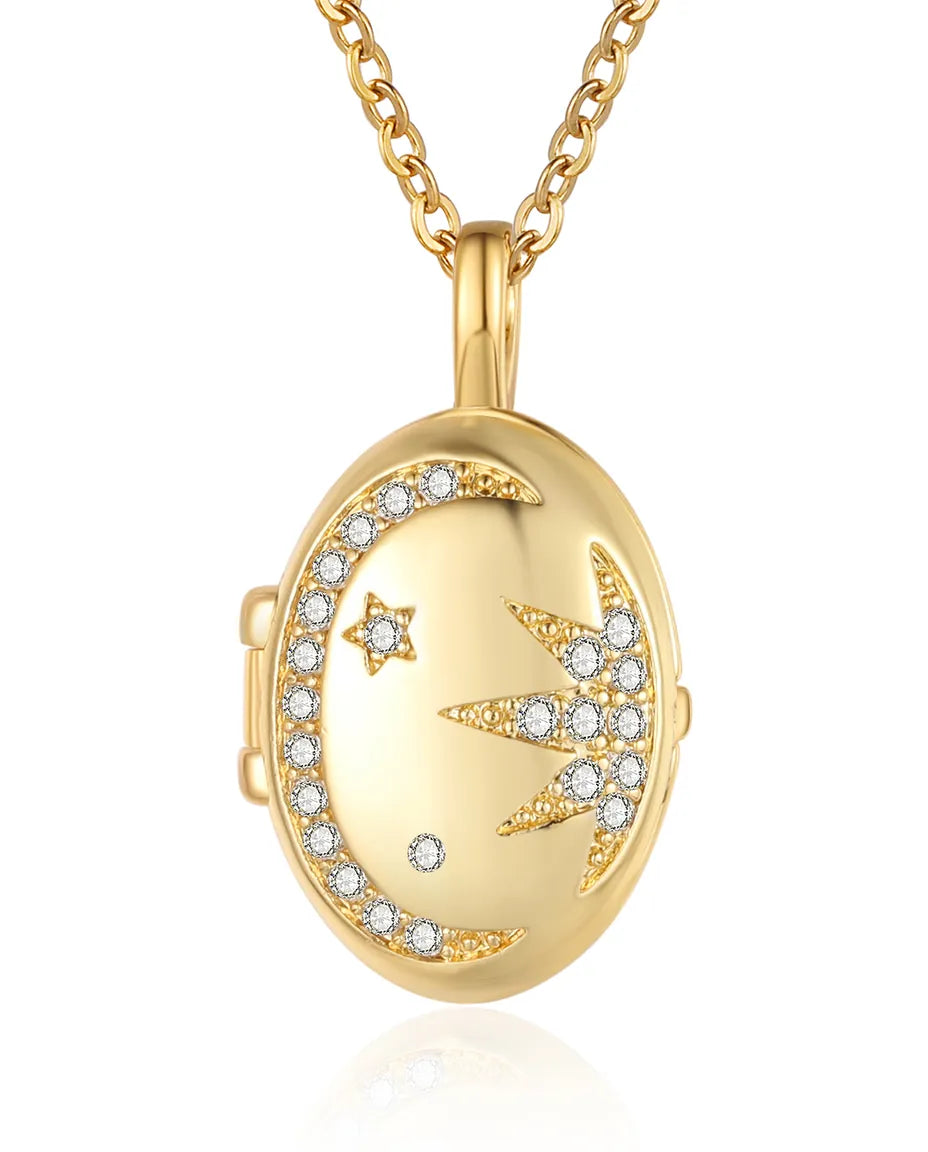 Personalized moon and star oval photo locket necklace holding two pictures, gold