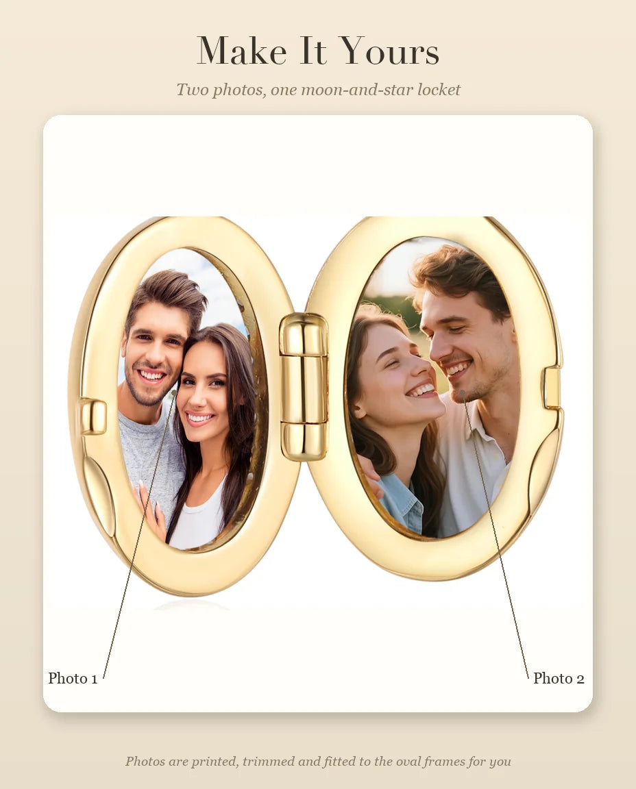 Personalized moon and star oval photo locket necklace holding two pictures, gold
