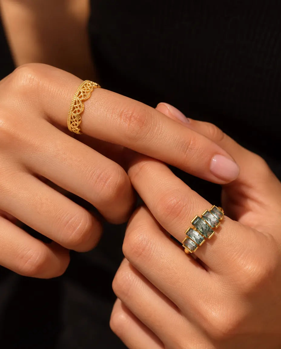 Moss Agate Stacking Ring Set in Gold Plated 925 Sterling Silver - worn apart, one ring on each hand