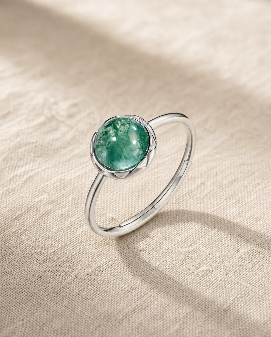 Natural moss agate round cabochon adjustable ring in 925 sterling silver