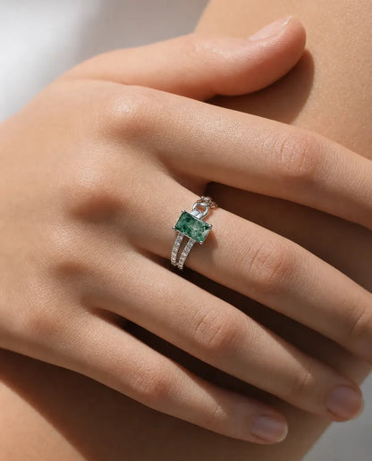 Moss agate emerald-cut chain-link ring in sterling silver with Cuban curb chain and double pave shoulders