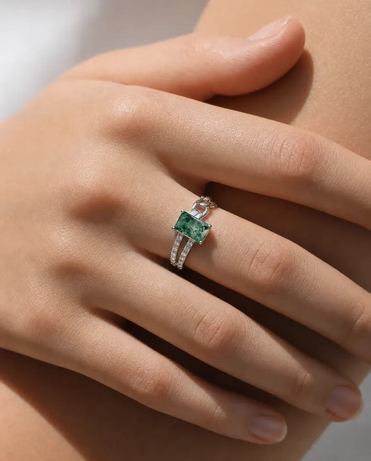 Moss agate emerald-cut chain-link ring in sterling silver with Cuban curb chain and double pave shoulders