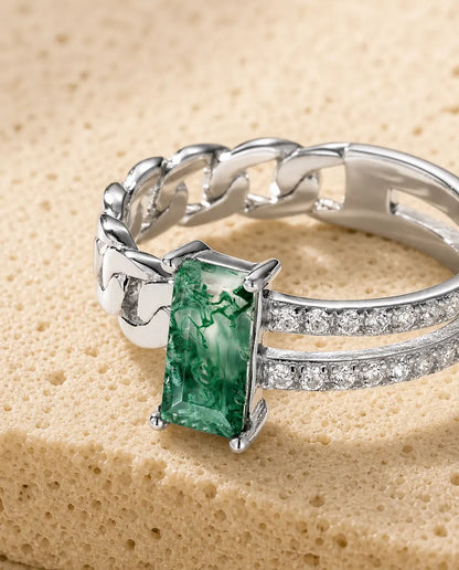 Moss agate emerald-cut chain-link ring in sterling silver with Cuban curb chain and double pave shoulders