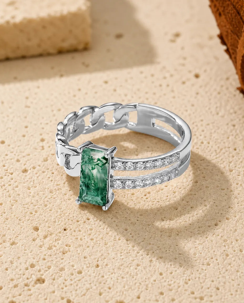 Moss agate emerald-cut chain-link ring in sterling silver with Cuban curb chain and double pave shoulders