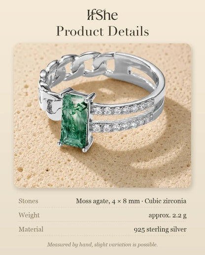Moss Agate Chain Ring - size and material details