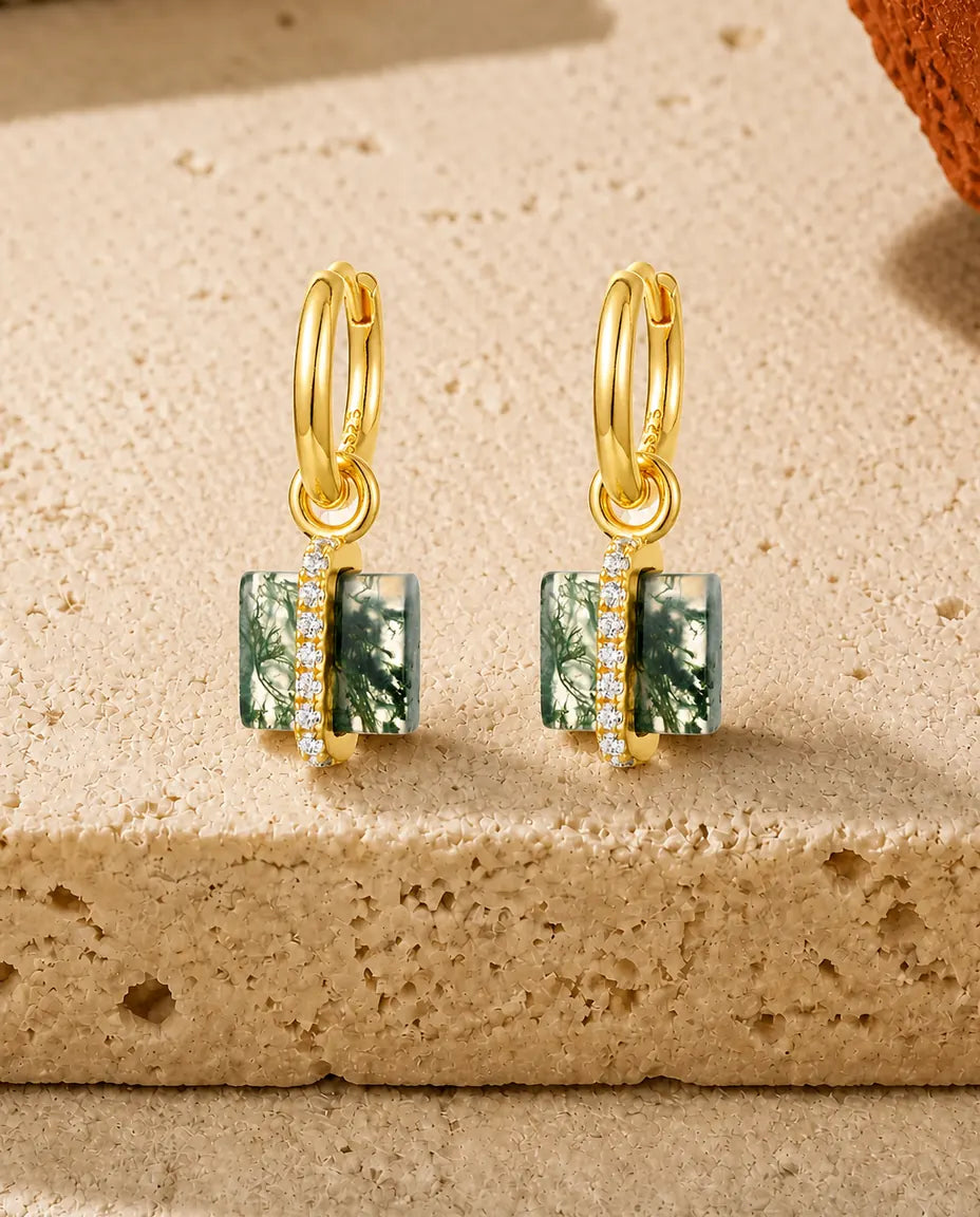 Moss Agate Huggie Hoop Earrings