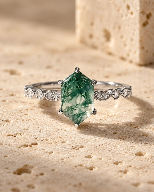 Elongated Hexagon Moss Agate Ring - front view
