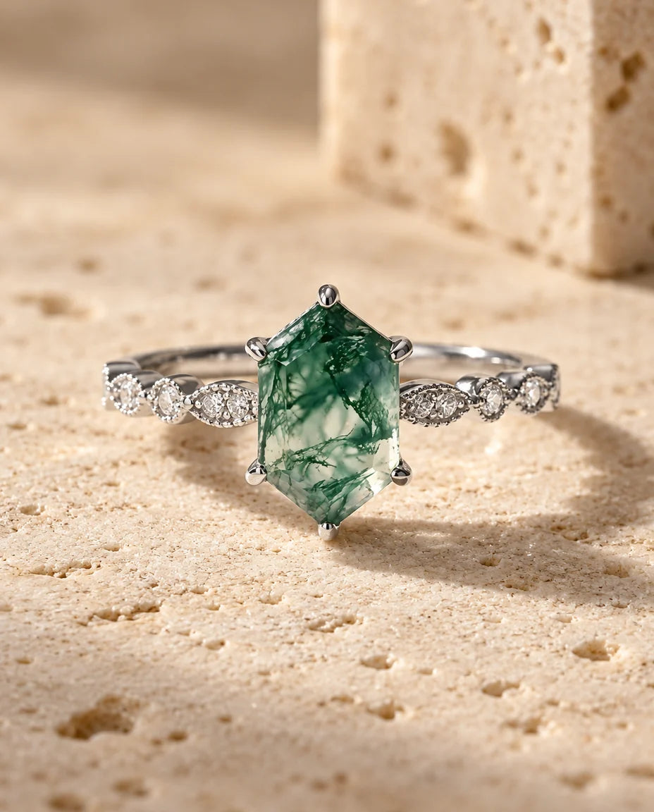 Elongated Hexagon Moss Agate Ring - front view
