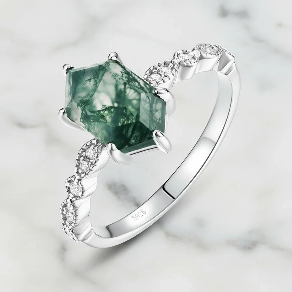 Natural Green Moss Agate Hexagon Cut Ring in 925 Sterling Silver