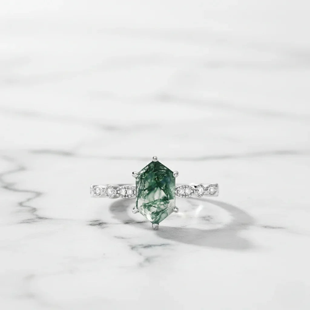 Natural Green Moss Agate Hexagon Cut Ring in 925 Sterling Silver