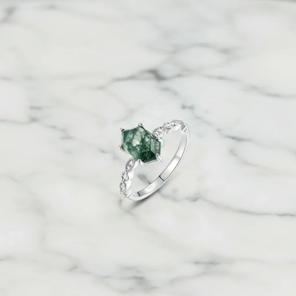Natural Green Moss Agate Hexagon Cut Ring in 925 Sterling Silver