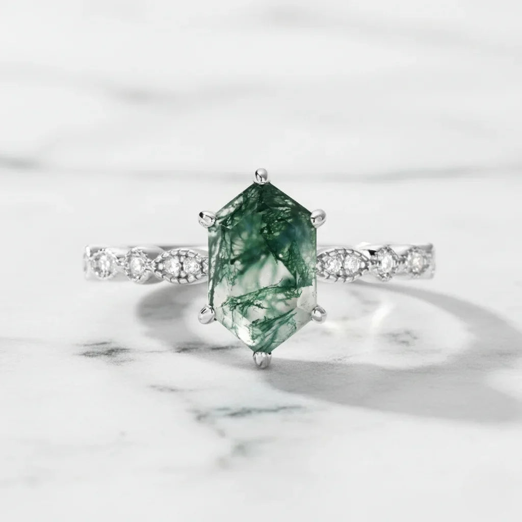 Natural Green Moss Agate Hexagon Cut Ring in 925 Sterling Silver