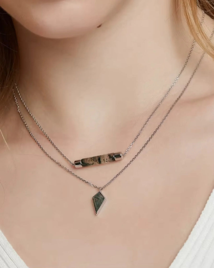 Moss Agate Kite Cut Necklace in Sterling Silver