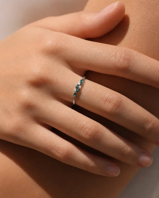 Marquise cut moss agate leaf cluster ring in 925 sterling silver with CZ accents