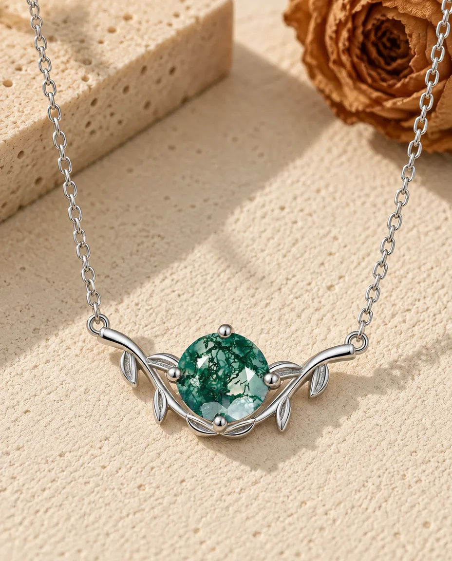 Round Cut Moss Agate Leaf Necklace - front view