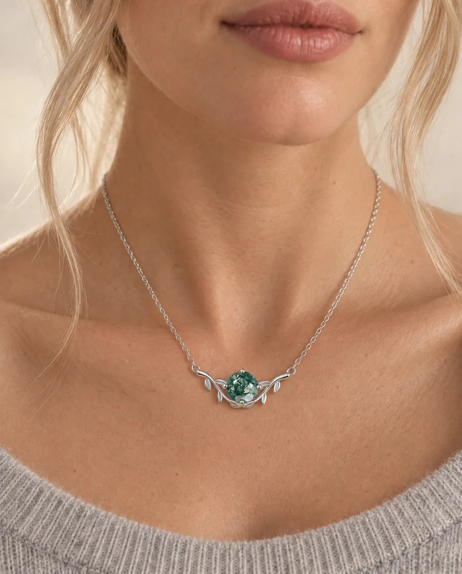 Round Cut Moss Agate Leaf Necklace - worn on a model