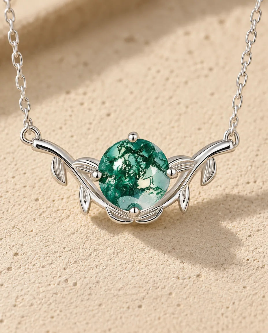 Round Cut Moss Agate Leaf Necklace - close-up of the gemstone