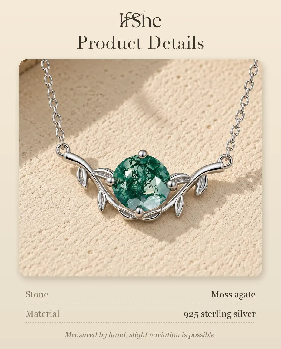 Round Cut Moss Agate Leaf Necklace - size and material details