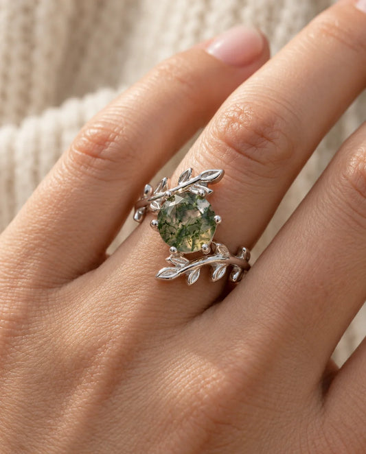 Leaf Moss Agate Ring in Sterling Silver - worn on the hand