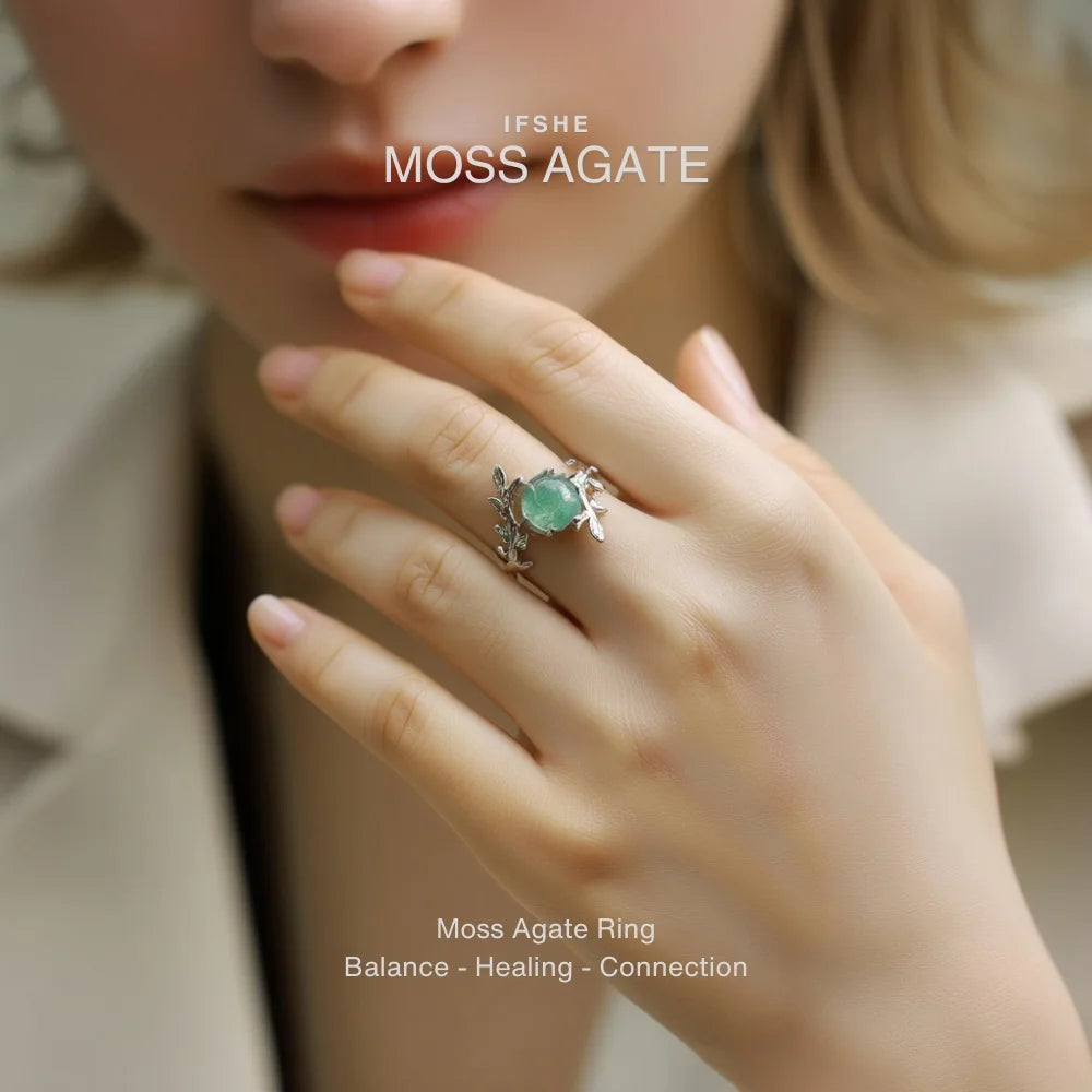 Moss Agate Olive Branch Ring in White Gold Plated Sterling Silver