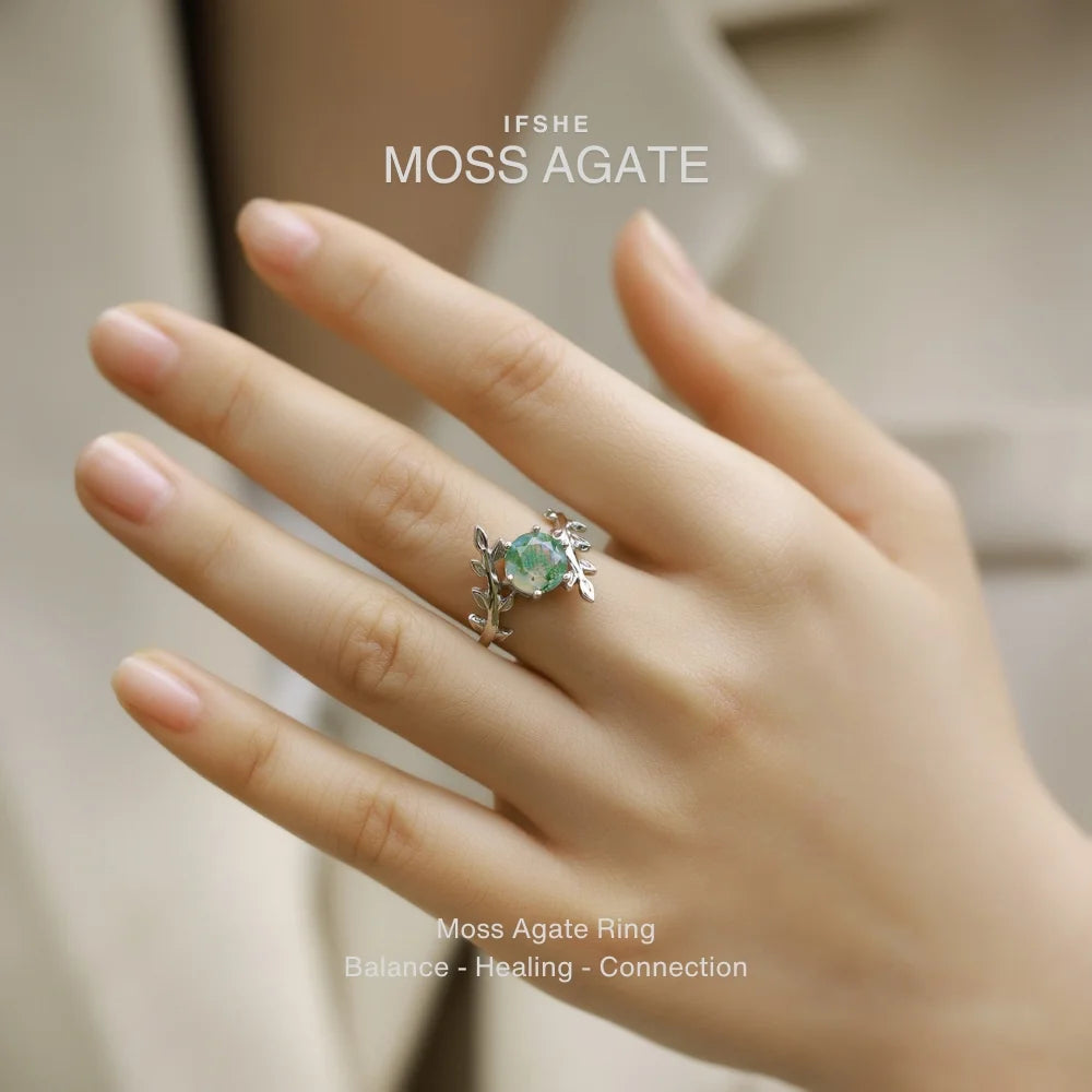 Moss Agate Olive Branch Ring in White Gold Plated Sterling Silver
