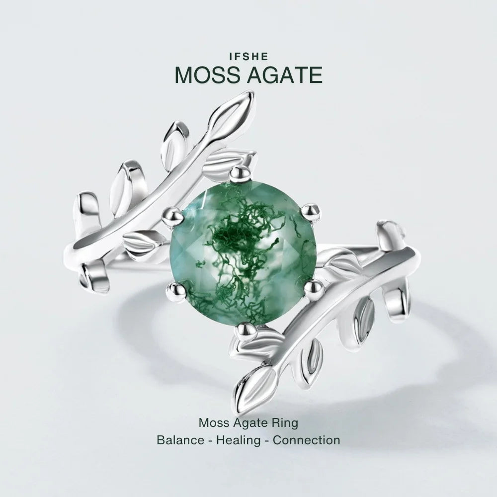 Moss Agate Olive Branch Ring in White Gold Plated Sterling Silver