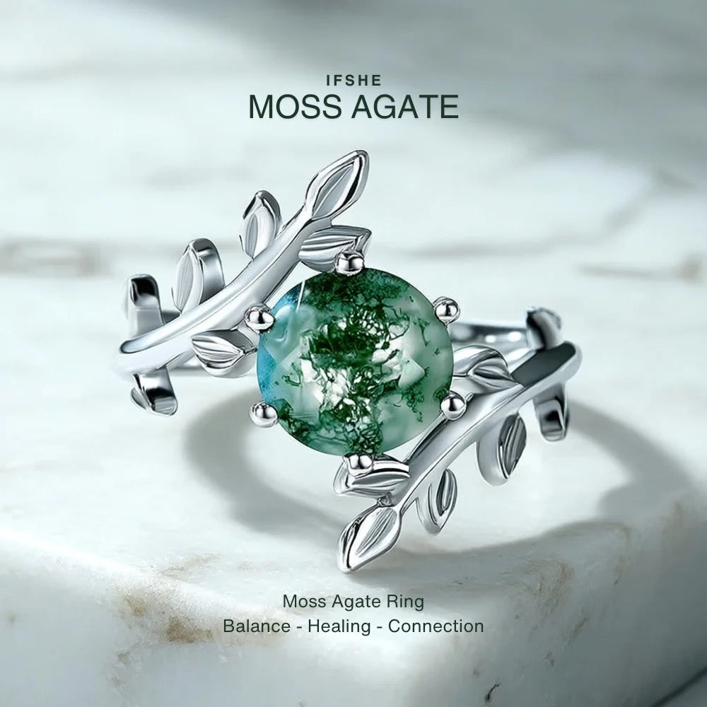 Moss Agate Olive Branch Ring in White Gold Plated Sterling Silver