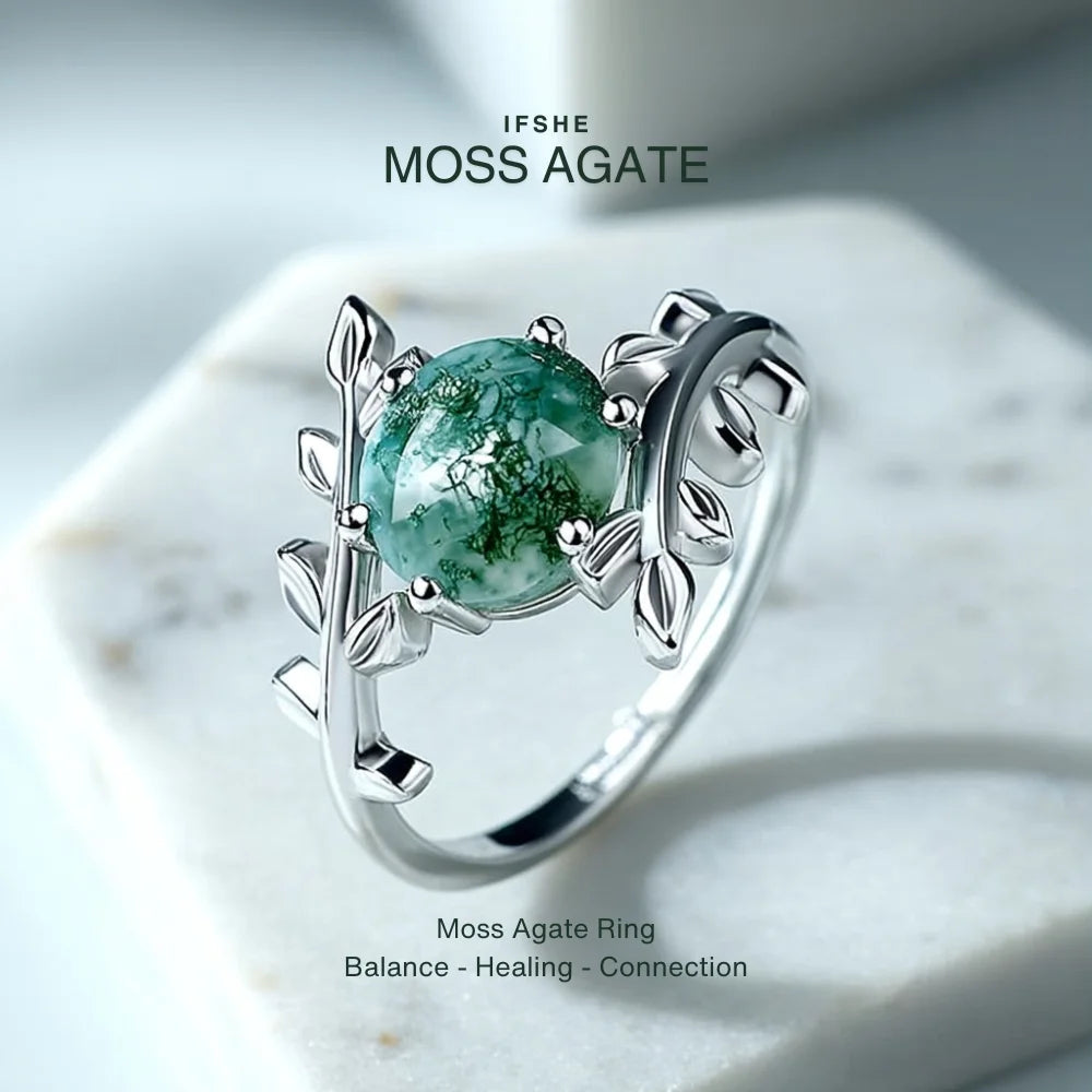 Moss Agate Olive Branch Ring in White Gold Plated Sterling Silver