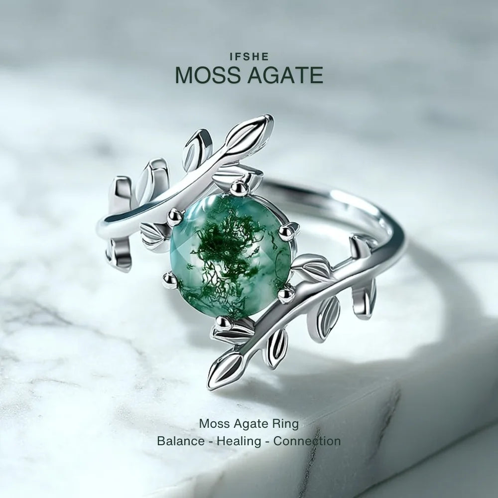 Moss Agate Olive Branch Ring in White Gold Plated Sterling Silver