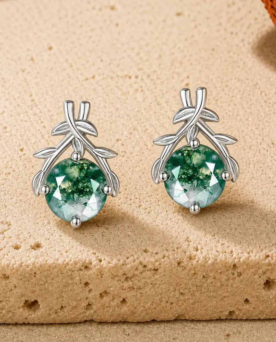 Round moss agate stud earrings with silver olive branch leaves