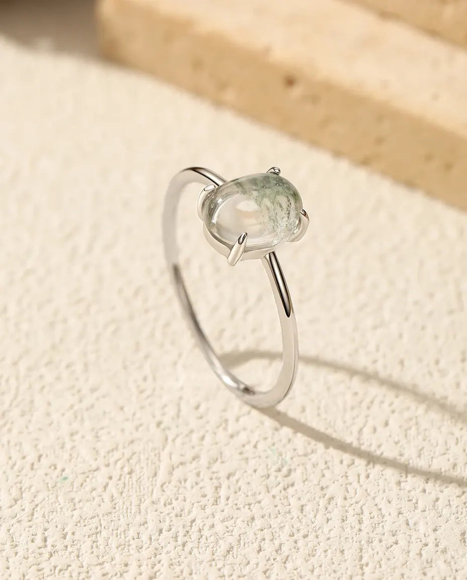 Natural green moss agate oval cabochon solitaire ring in 925 sterling silver