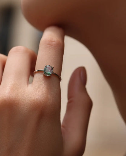 Natural green moss agate oval cabochon solitaire ring in 925 sterling silver