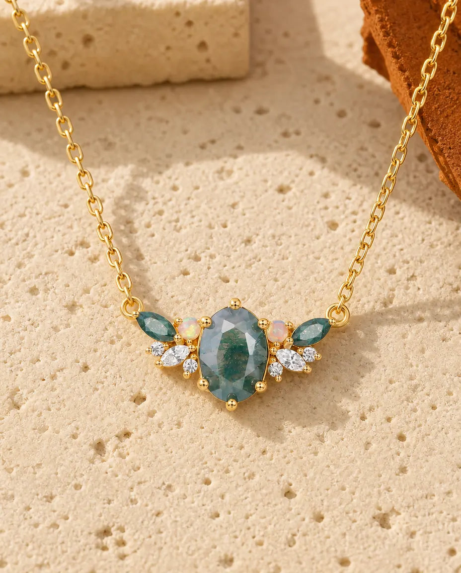 Moss agate cluster necklace with oval green stone, opal and marquise CZ accents in 10K gold plated sterling silver