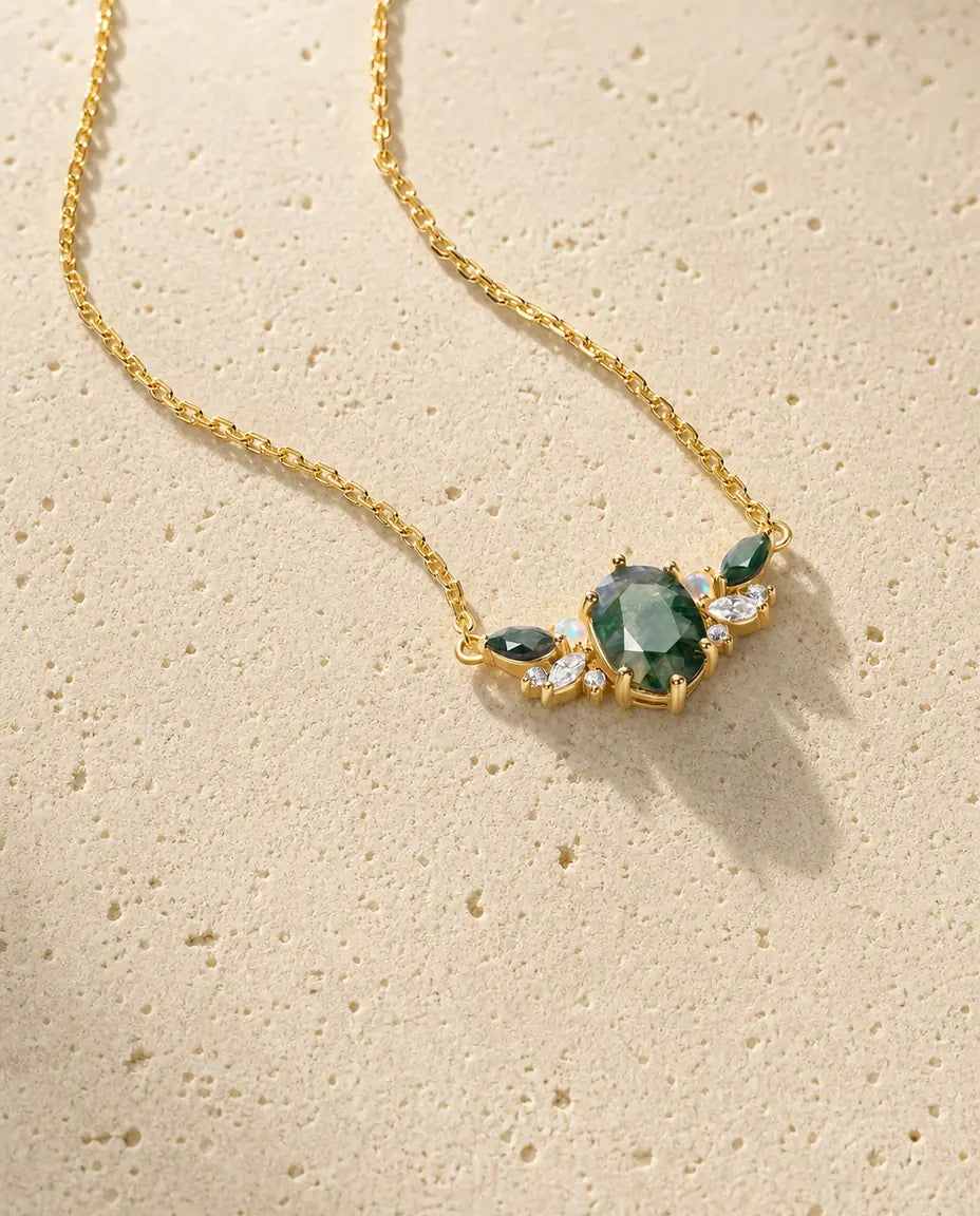 Moss agate cluster necklace with oval green stone, opal and marquise CZ accents in 10K gold plated sterling silver