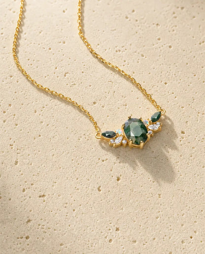 Moss agate cluster necklace with oval green stone, opal and marquise CZ accents in 10K gold plated sterling silver