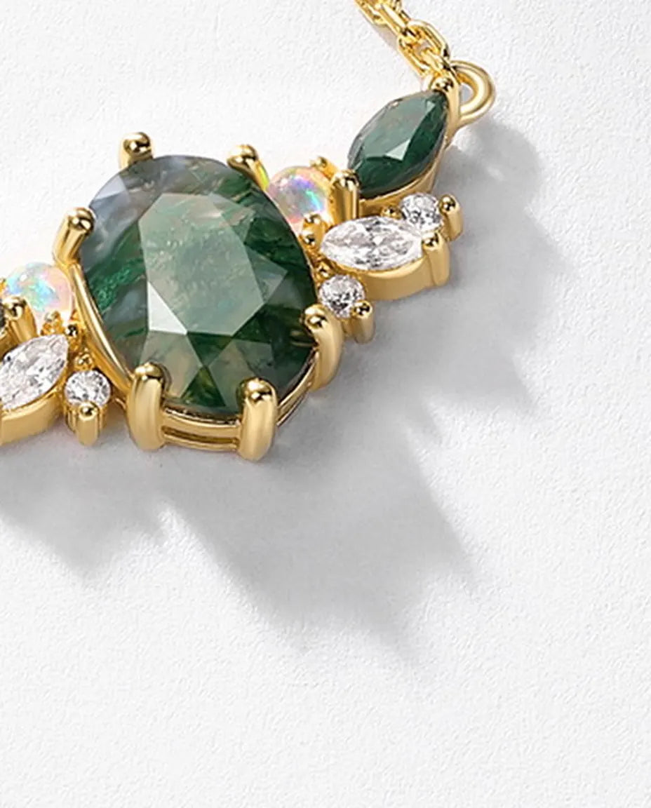 Moss agate cluster necklace with oval green stone, opal and marquise CZ accents in 10K gold plated sterling silver