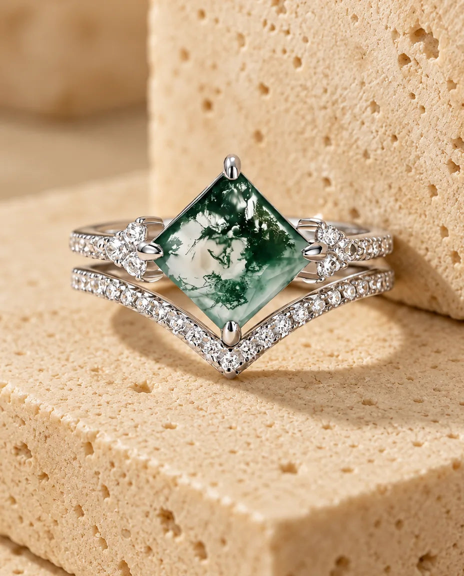 Princess-Cut Moss Agate Ring Set - the complete set