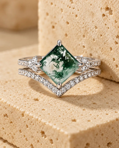 Princess-Cut Moss Agate Ring Set - the complete set