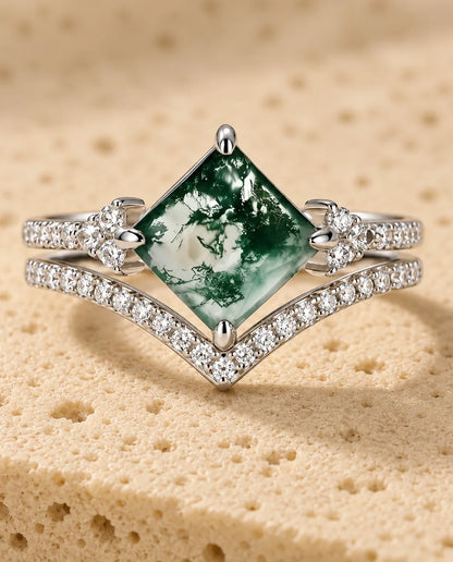 Princess-Cut Moss Agate Ring Set - close-up of the ring set