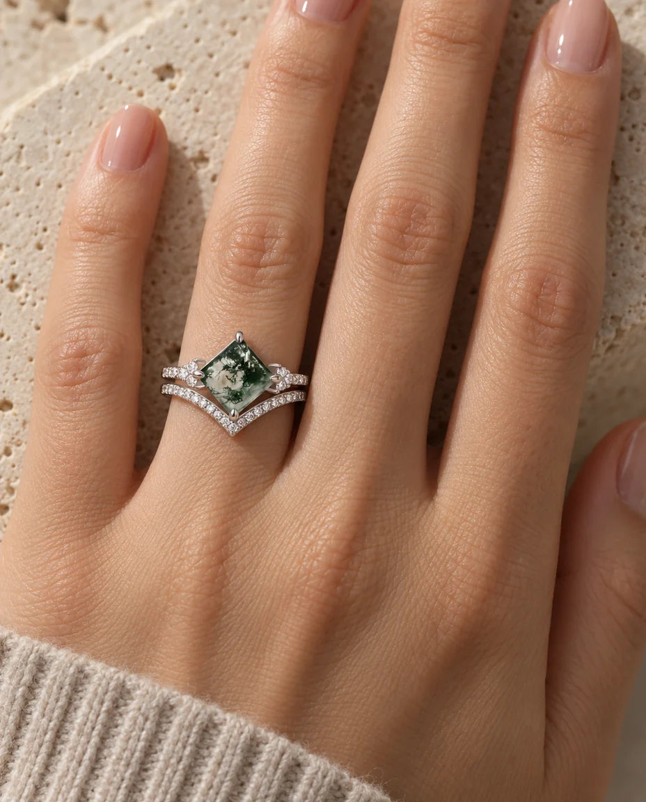Princess-Cut Moss Agate Ring Set - worn on the hand, close-up