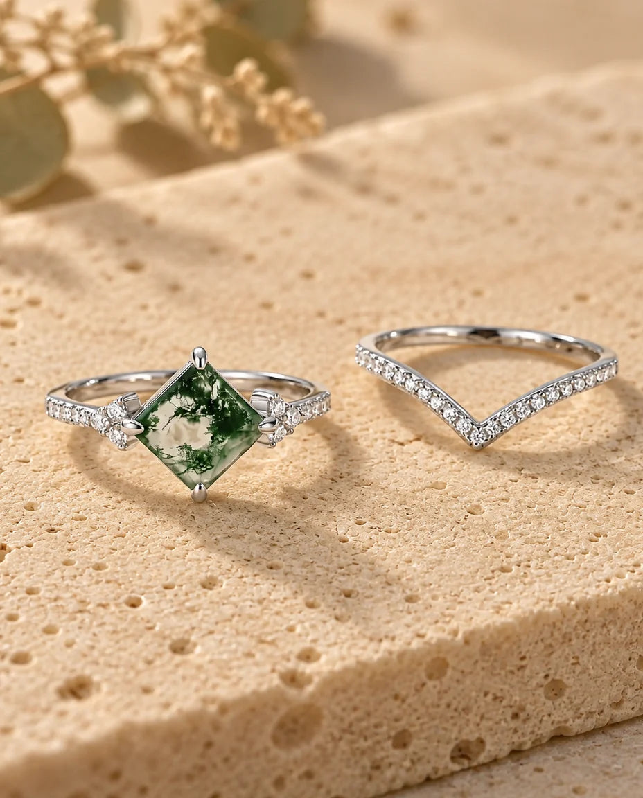 Princess-Cut Moss Agate Ring Set - the two rings of the set side by side