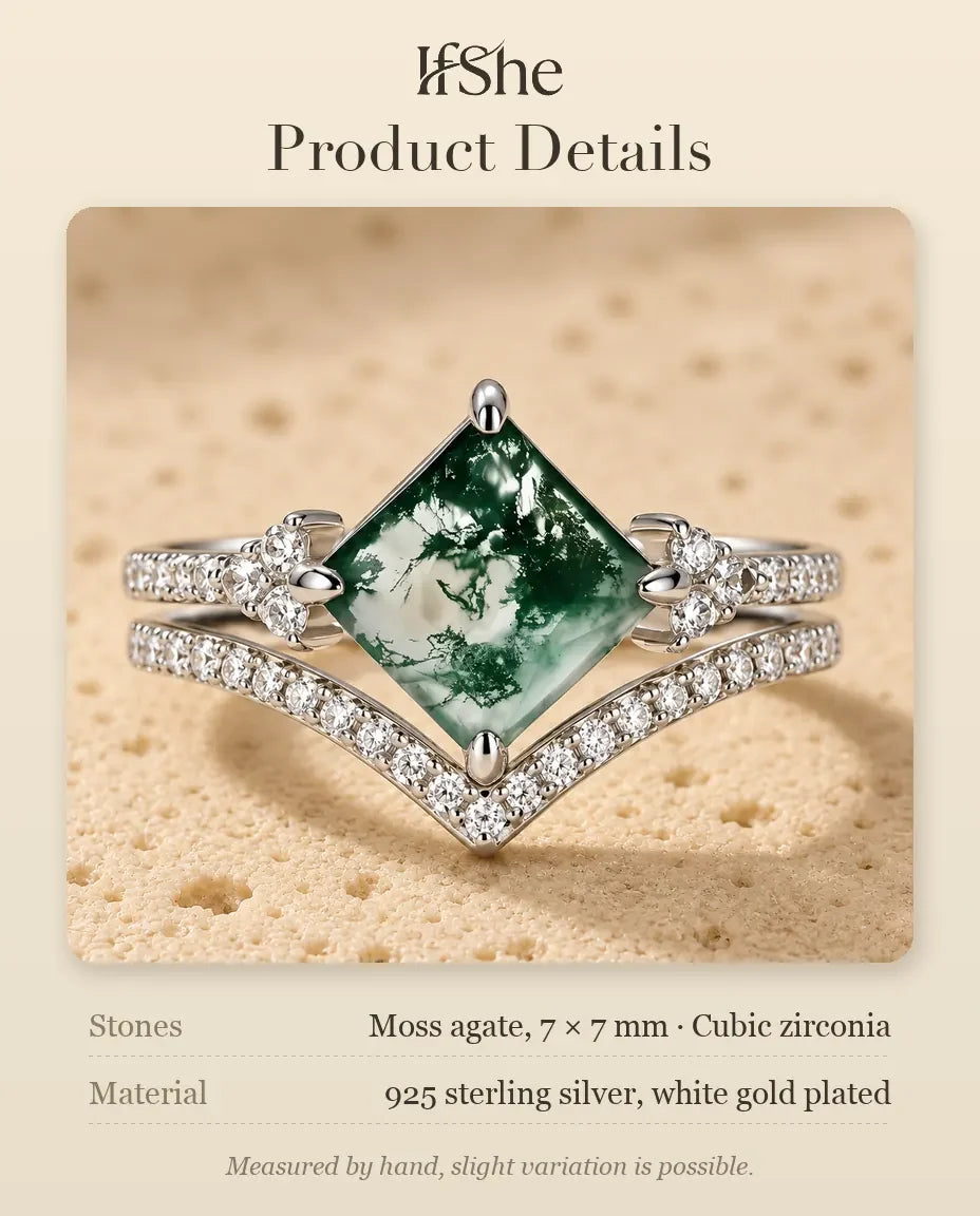 Princess-Cut Moss Agate Ring Set - size and material details