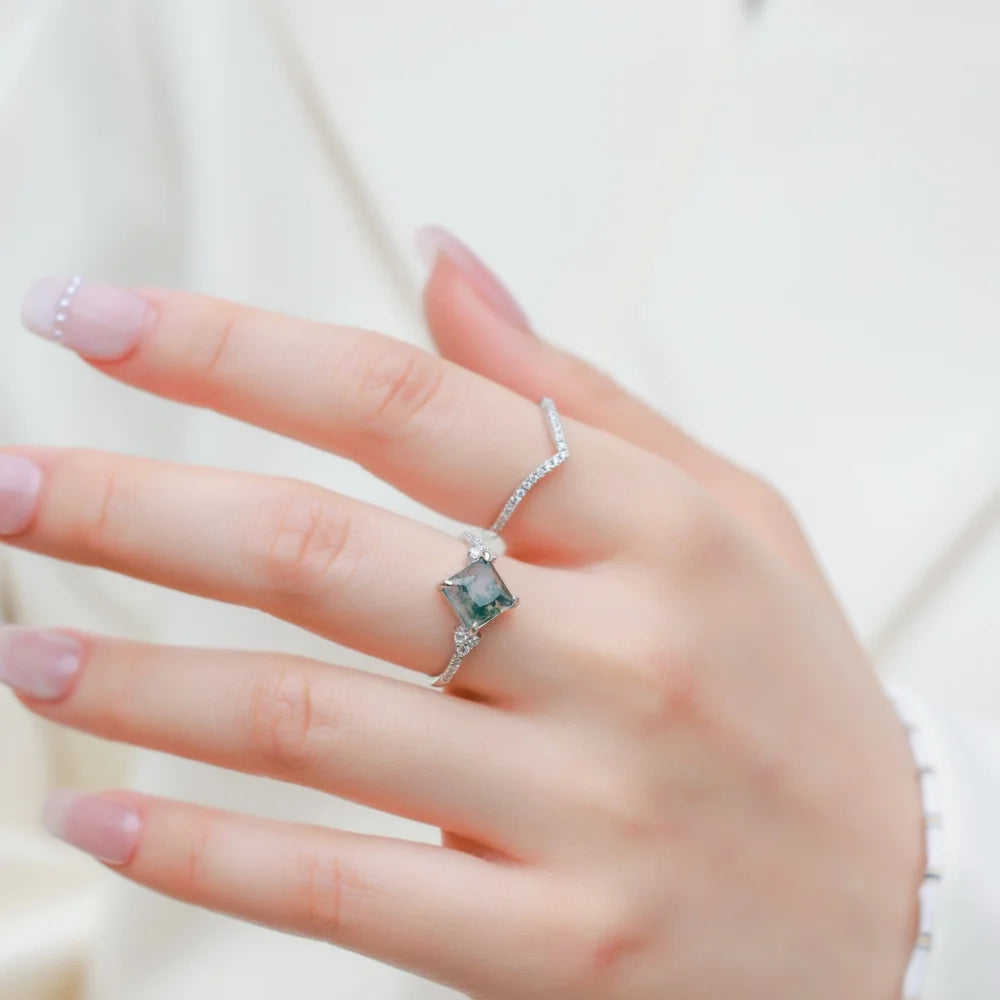 Moss Agate Princess Cut Stacking Ring Set – 2‑Piece 925 Silver Elegance