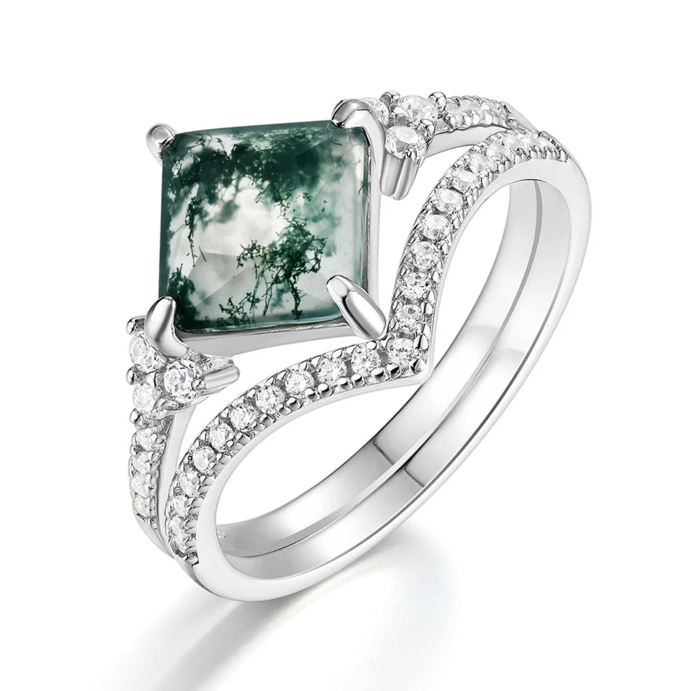 Moss Agate Princess Cut Stacking Ring Set – 2‑Piece 925 Silver Elegance