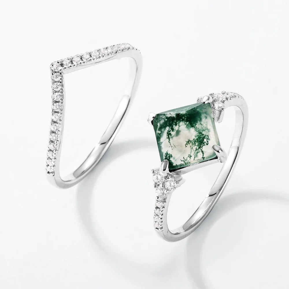 Moss Agate Princess Cut Stacking Ring Set – 2‑Piece 925 Silver Elegance