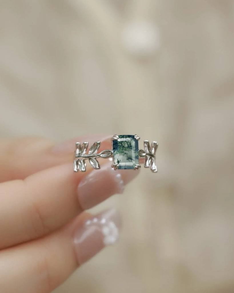 Moss Agate Ring Emerald Cut - Sterling Silver Moss Agate Open Band Ring with Leaf Design