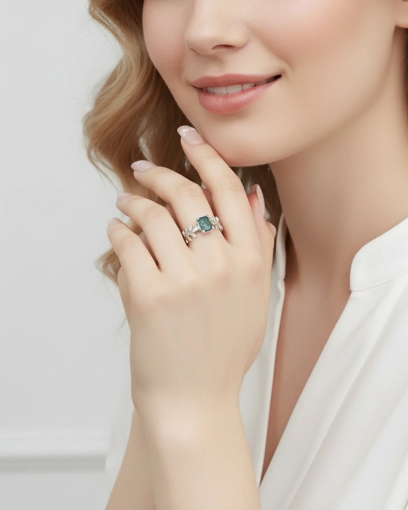 Moss Agate Ring Emerald Cut - Sterling Silver Moss Agate Open Band Ring with Leaf Design