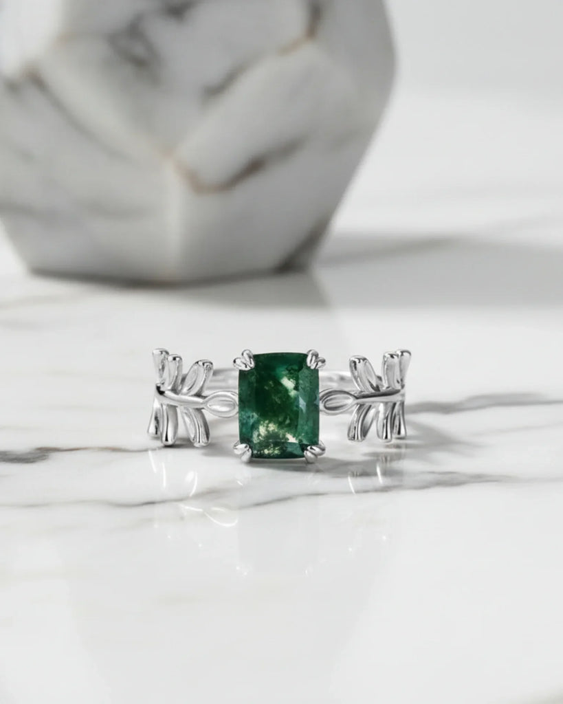 Moss Agate Ring Emerald Cut - Sterling Silver Moss Agate Open Band Ring with Leaf Design