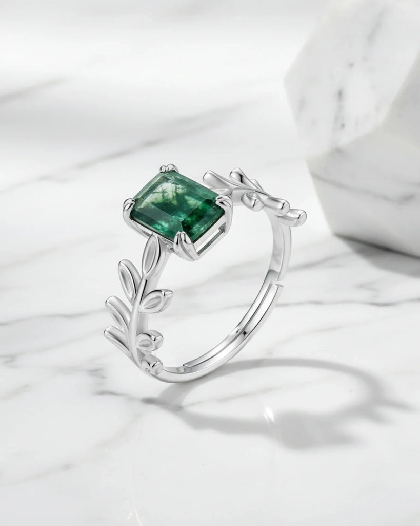Moss Agate Ring Emerald Cut - Sterling Silver Moss Agate Open Band Ring with Leaf Design
